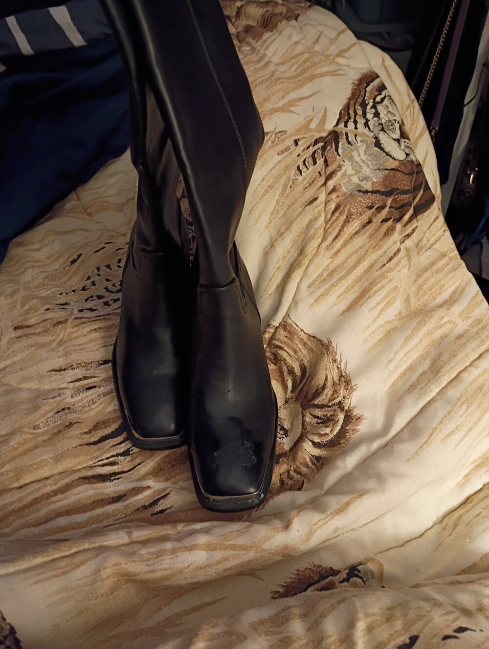 Black Womens Square-Toe Faux Leather Boots